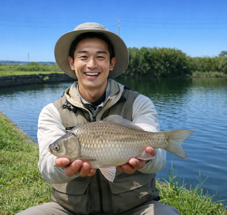 中沼でヘラブナの釣果を得た勝田.webp