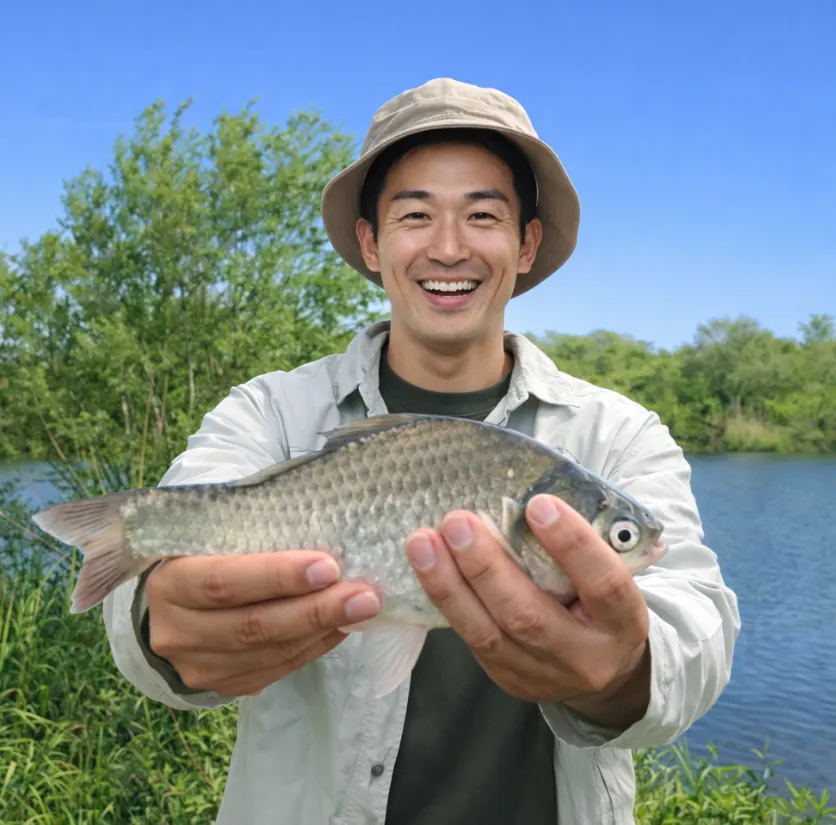 中津湖でヘラブナの釣果を得た勝田.webp