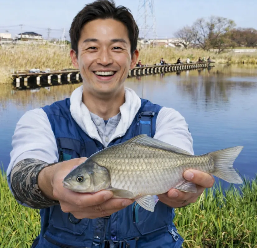 中野沼公園でヘラブナの釣果を得た勝田.webp