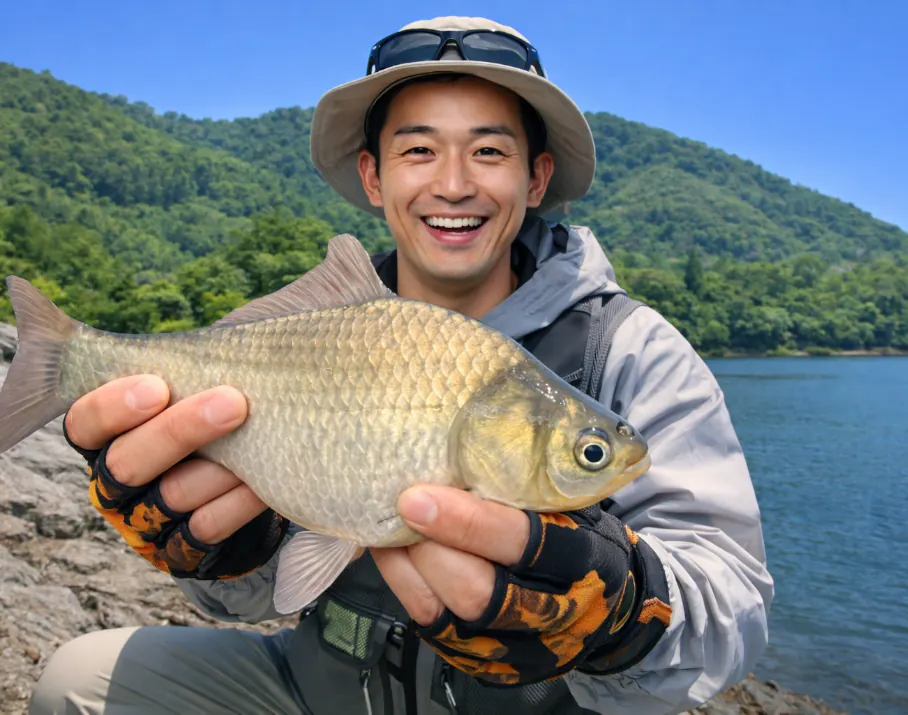 久賀ダムでヘラブナの釣果を得た勝田.webp