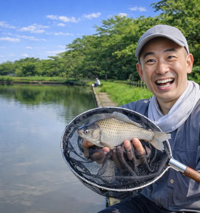 乙戸沼公園でヘラブナの釣果を得たがんだま君.webp