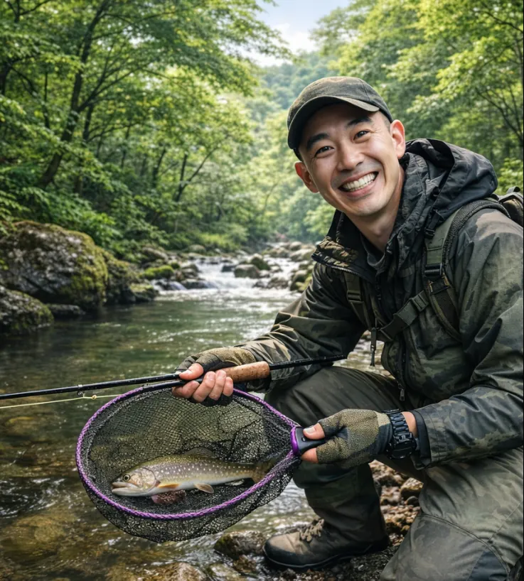 伊南川でイワナの釣果を得たがんだま君.webp