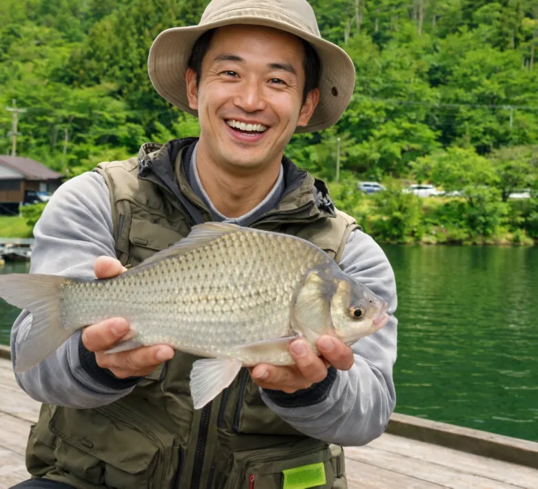 佐仲ダムでヘラブナの釣果を得た勝田.webp