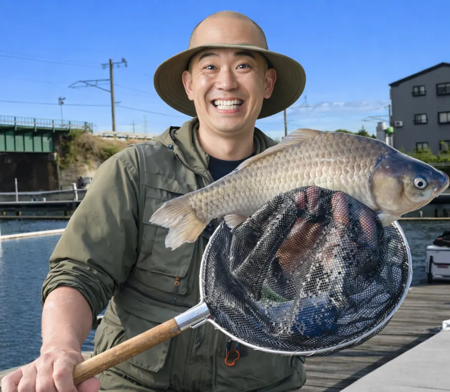 佐屋川でヘラブナの釣果を得たがんだま君.webp