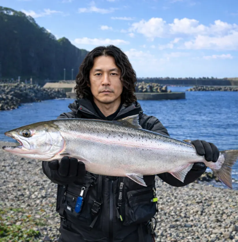 余別川河口でサクラマスの釣果を得た岸本.webp