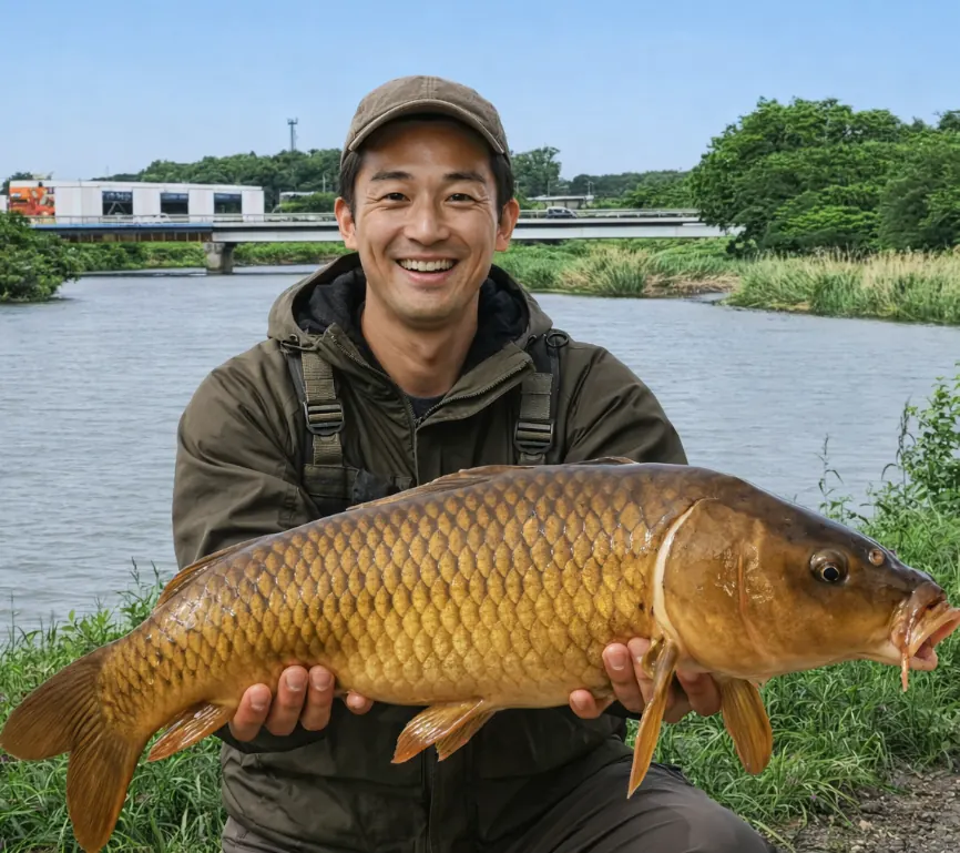 元荒川でコイの釣果を得た勝田.webp
