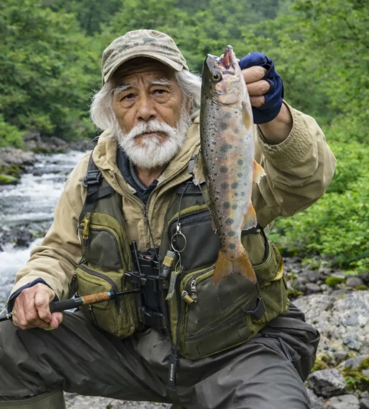 入遠野川でヤマメの釣果を得た米田.webp