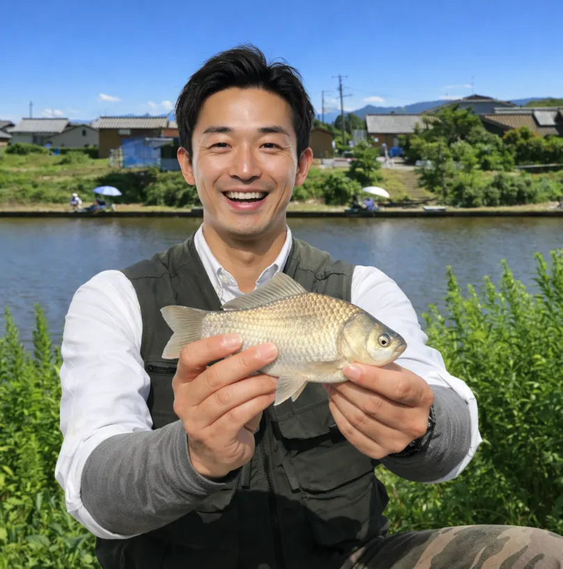 六郷の池でヘラブナの釣果を得た勝田.webp
