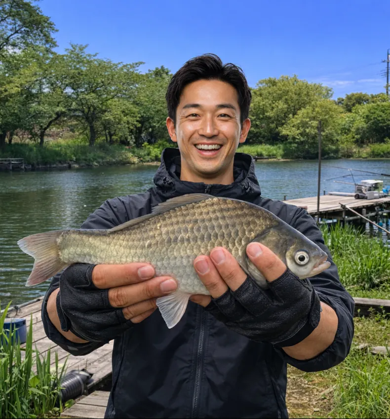 切所沼でヘラブナの釣果を得た勝田.webp