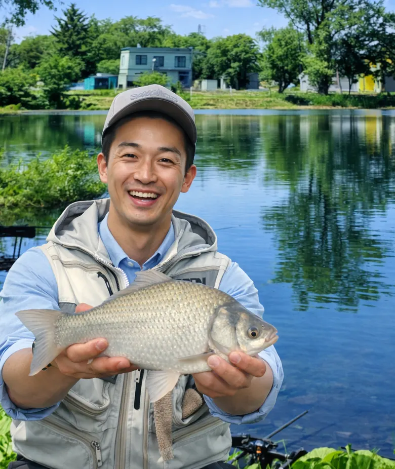 北村ヘラブナ公園でヘラブナの釣果を得た勝田.webp