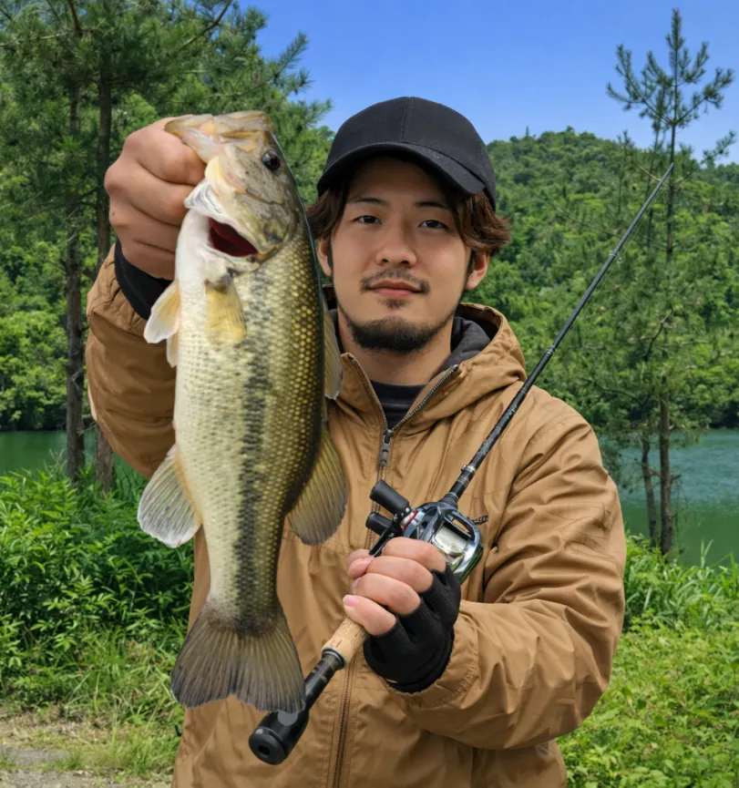 千足池でブラックバスの釣果を得た澤田.webp