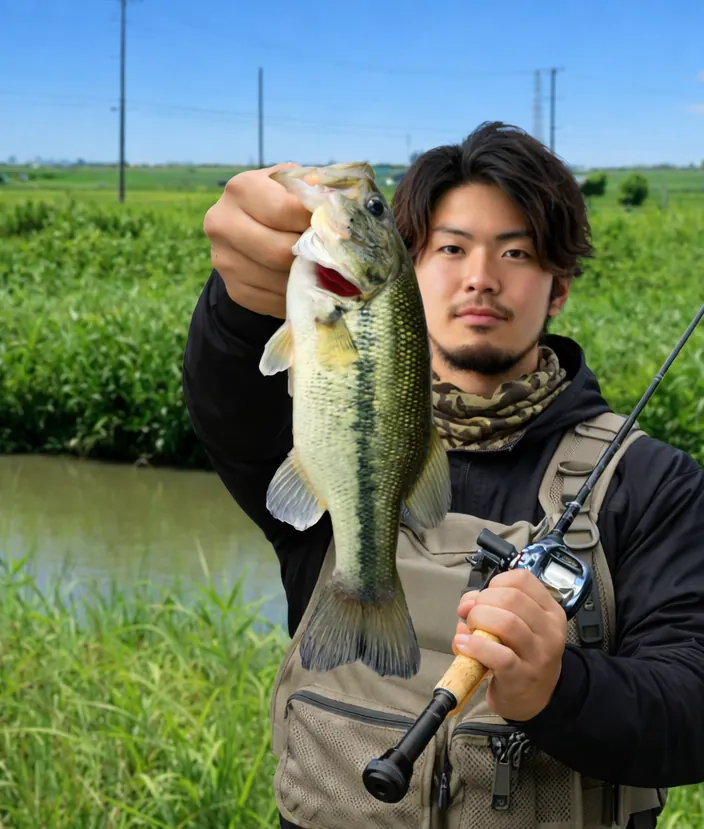 半場川でブラックバスの釣果を得た澤田.webp