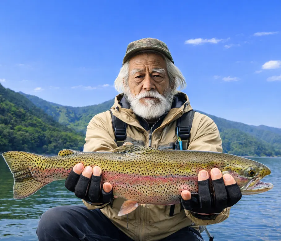 協和ダムでニジマスの釣果を得た米田.webp