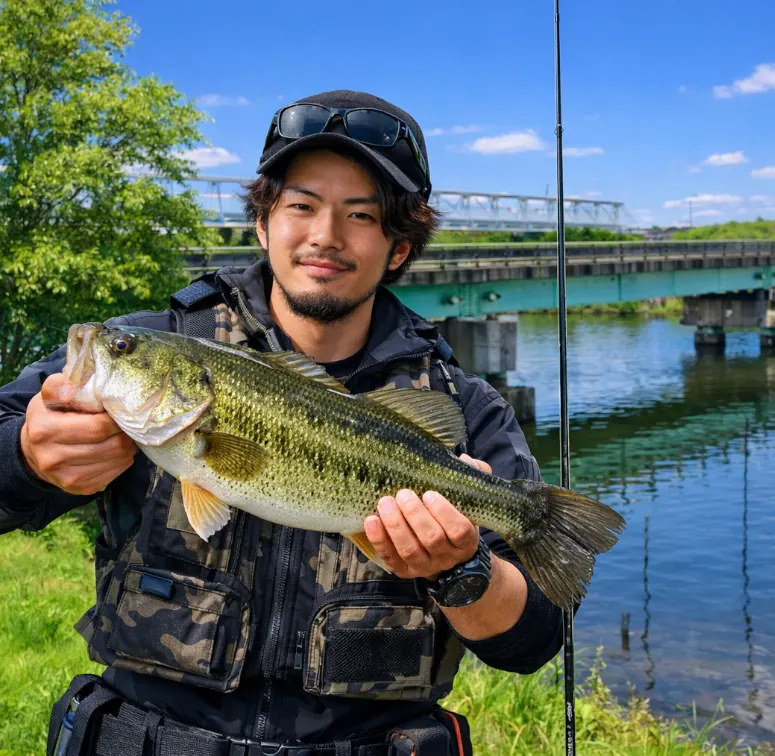 印旛新川でブラックバスの釣果を得た澤田.webp