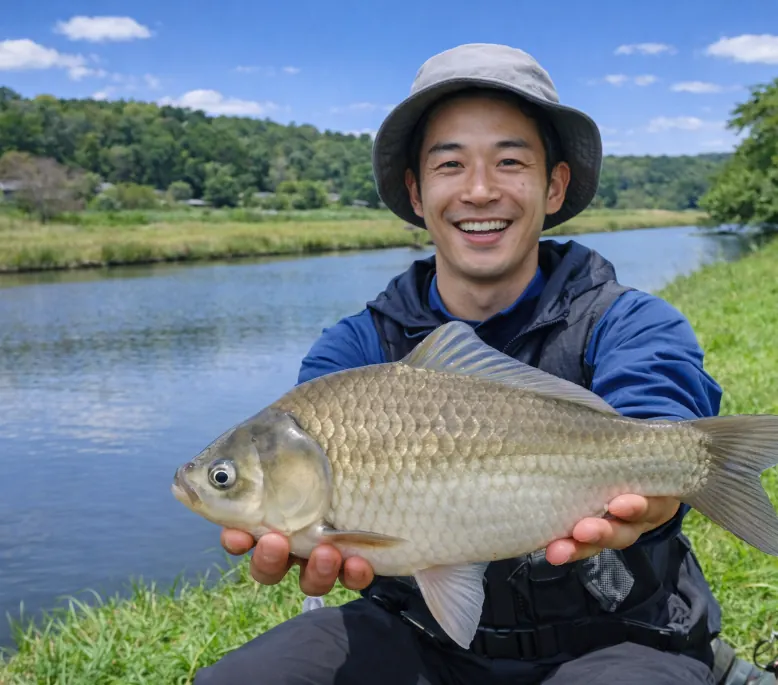 印旛新川でヘラブナの釣果を得た勝田.webp