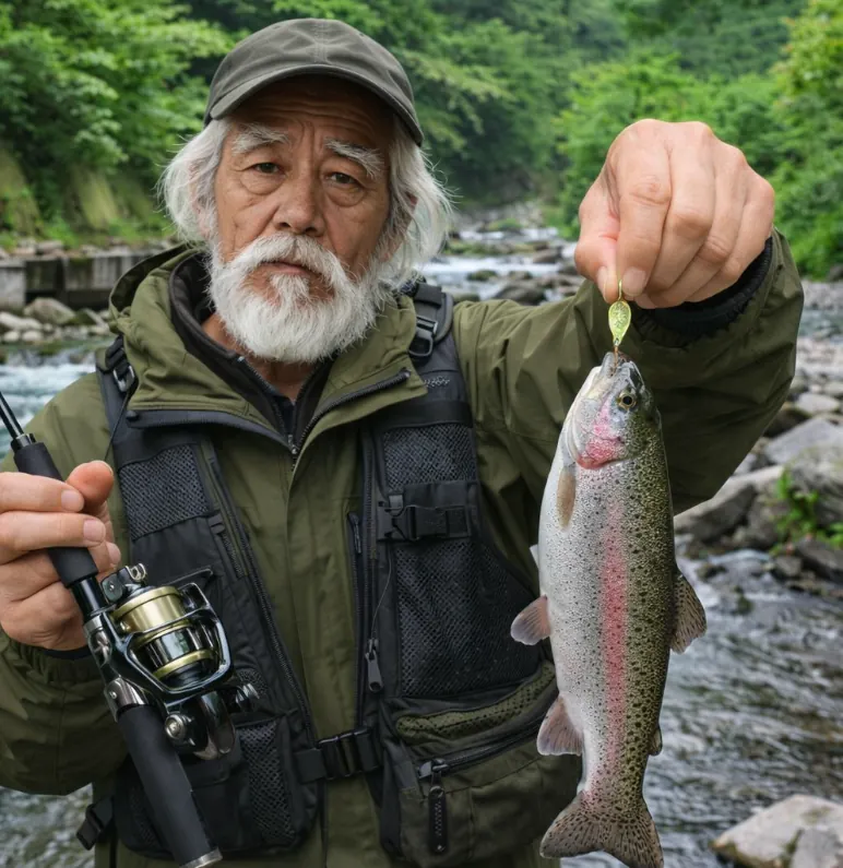 原野谷川でニジマスの釣果を得た米田.webp