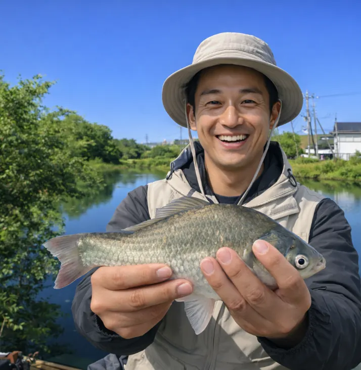 又八沼でヘラブナの釣果を得た勝田.webp