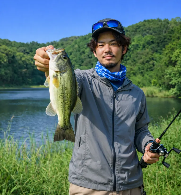 古利根沼でブラックバスの釣果を得た澤田.webp