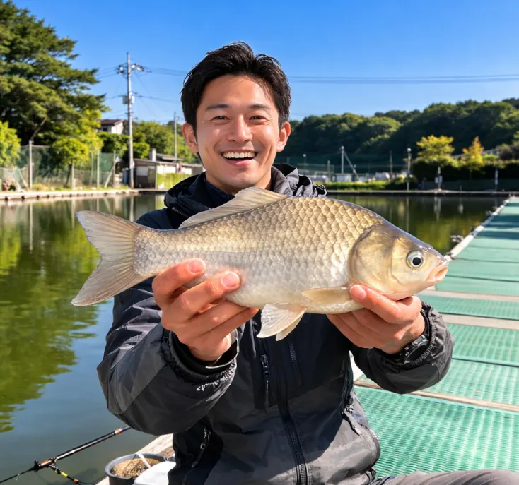 吉森へら鮒センターでヘラブナの釣果を得た勝田.webp
