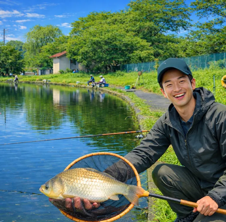 吉野公園でヘラブナの釣果を得た勝田.webp