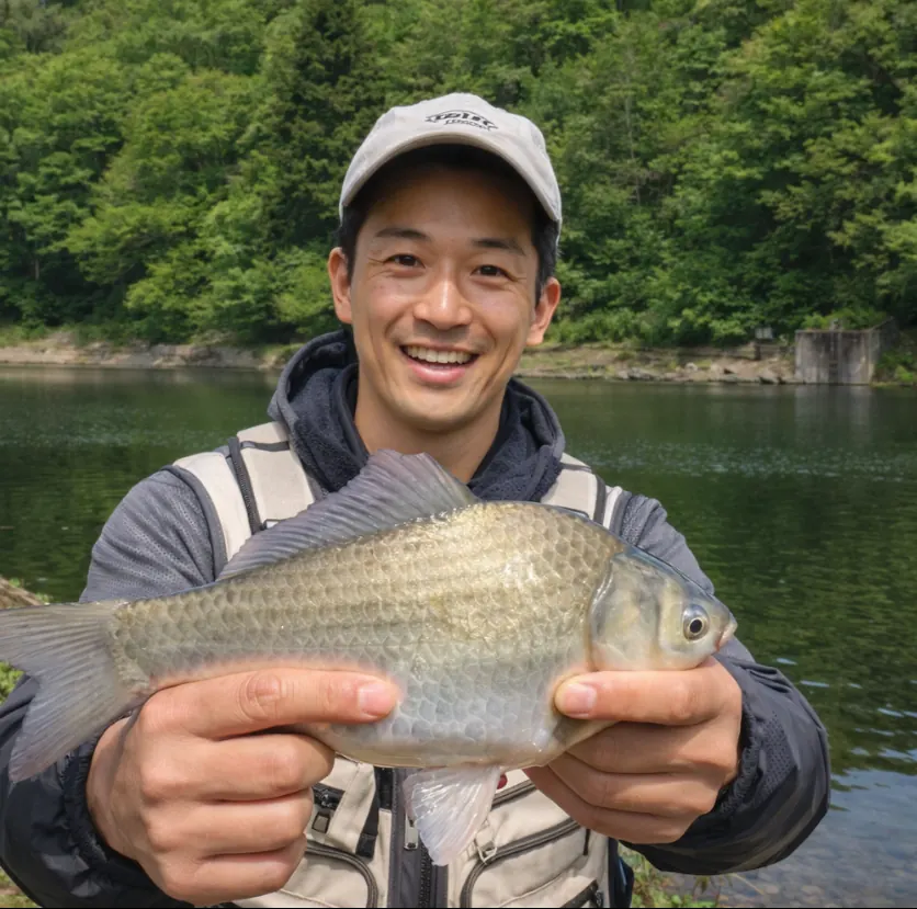 大佐沢公園でヘラブナの釣果を得た勝田.webp