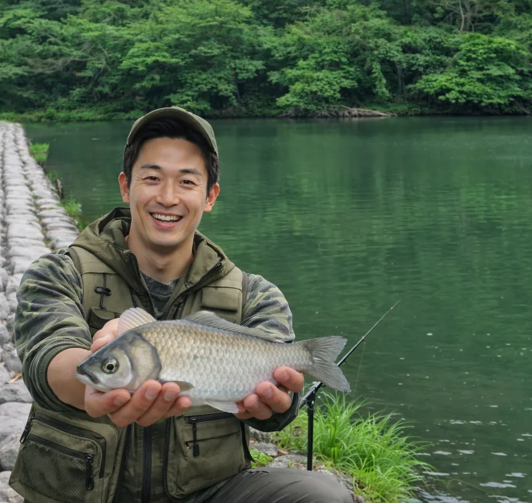 大台沼自然公園でヘラブナの釣果を得た勝田.webp