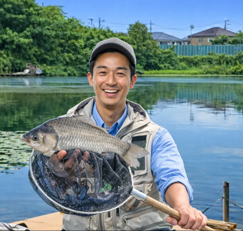 大堀池でヘラブナの釣果を得た勝田.webp