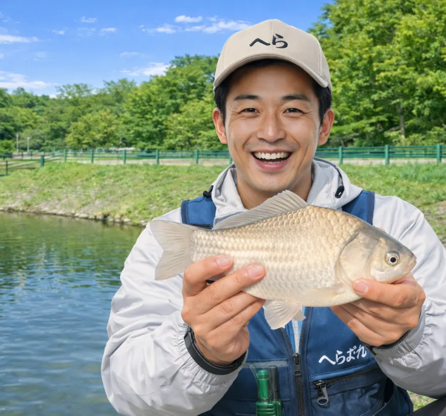 大平森林公園でヘラブナの釣果を得た勝田.webp
