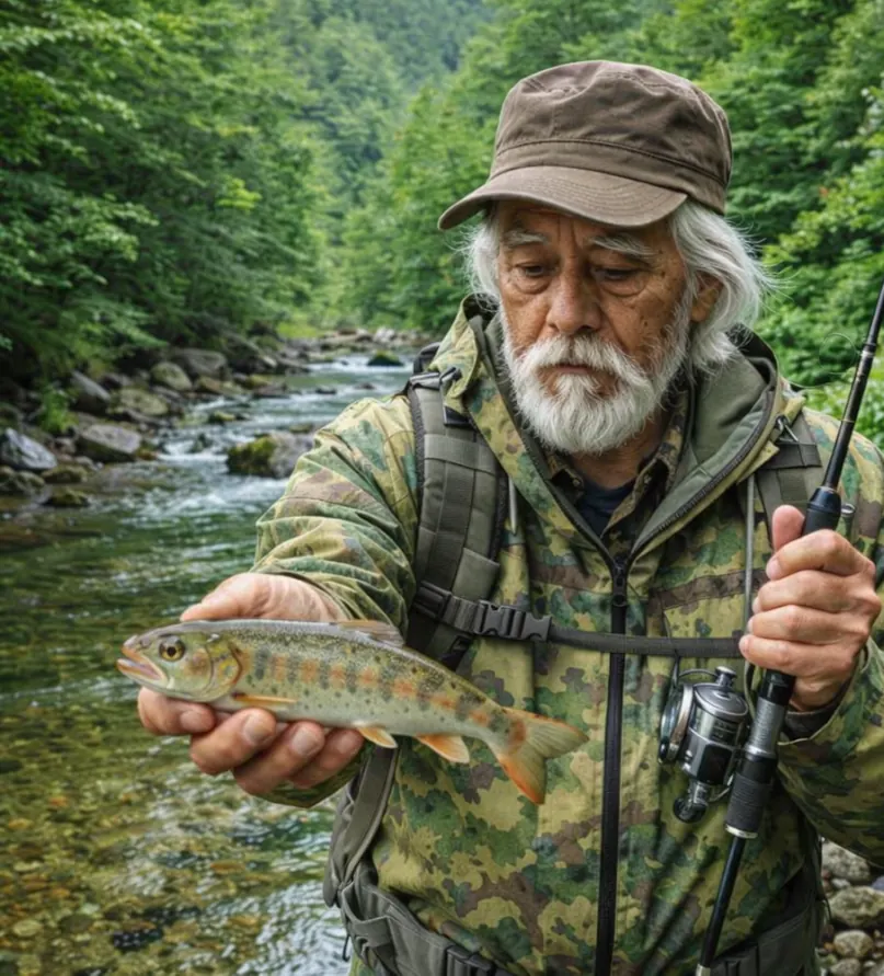 大樽川でヤマメの釣果を得た米田.webp