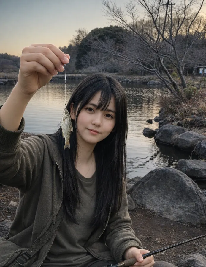 大池公園でクチボソの釣果を得た女性.webp