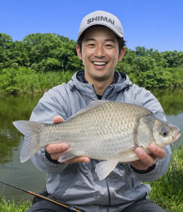 大通川でヘラブナの釣果を得た勝田.webp