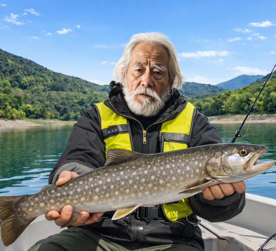 大雪湖でアメマスの釣果を得た米田.webp