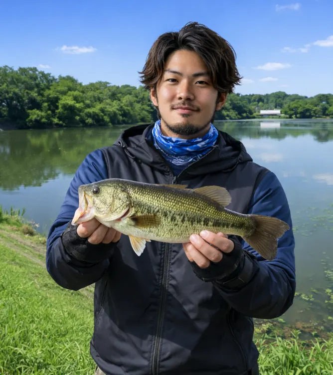 天神沼でブラックバスの釣果を得た澤田.webp