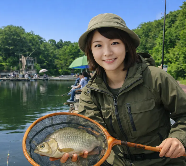 天神釣り池でヘラブナの釣果を得た女性.webp
