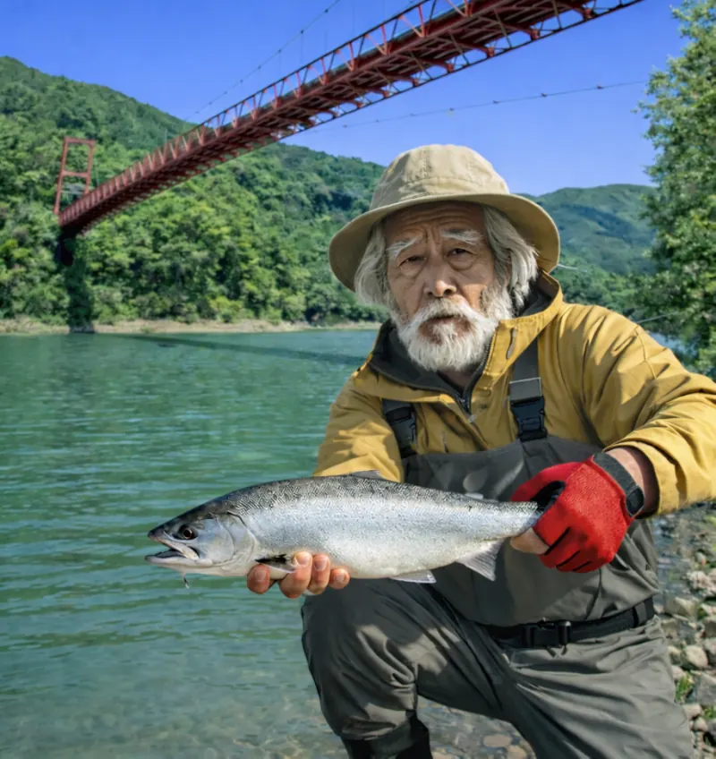 奈川渡ダムでサクラマスの釣果を得た米田.webp