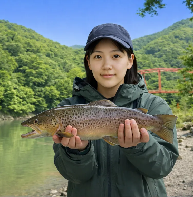 奈川渡ダムでブラウントラウトの釣果を得た森永.webp