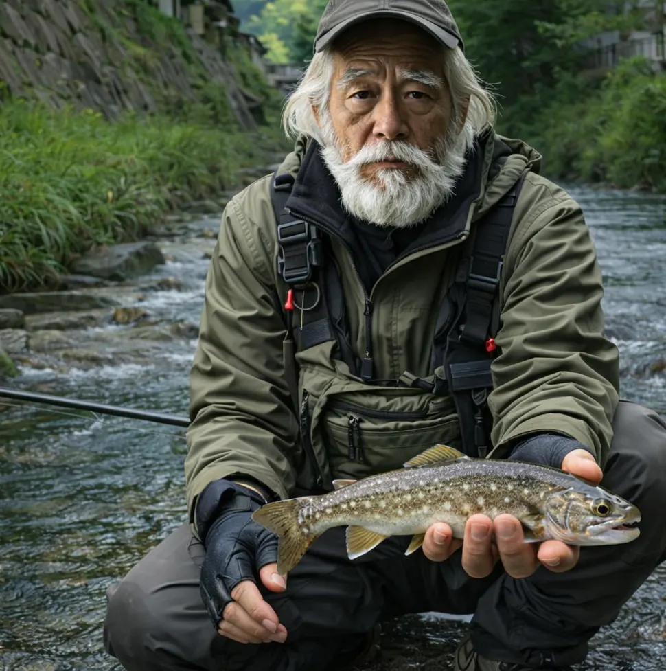 女鳥羽川でイワナの釣果を得た米田.webp