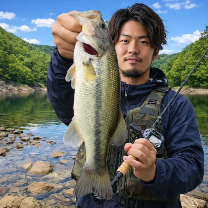 安室ダムでブラックバスの釣果を得た澤田.webp