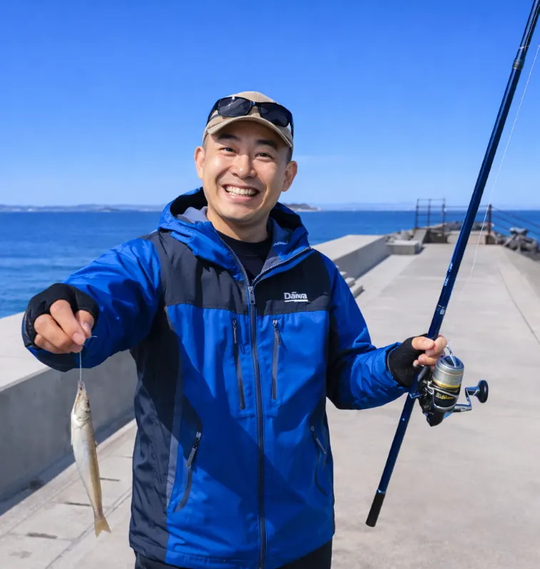 富津岬でシロギスの釣果を得たがんだま君.webp