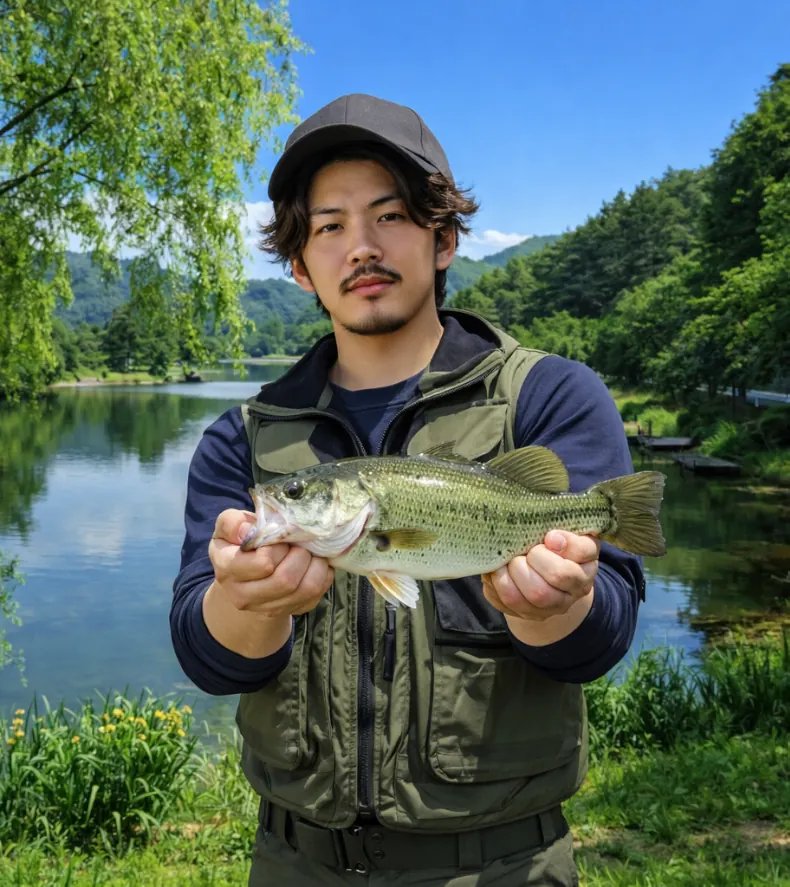 小坂田池でブラックバスの釣果を得た澤田.webp