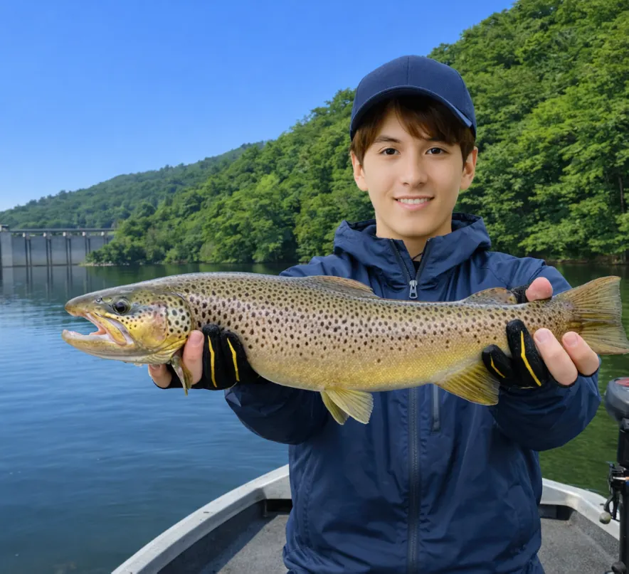 小山ダムでブラウントラウトの釣果を得た久良木.webp
