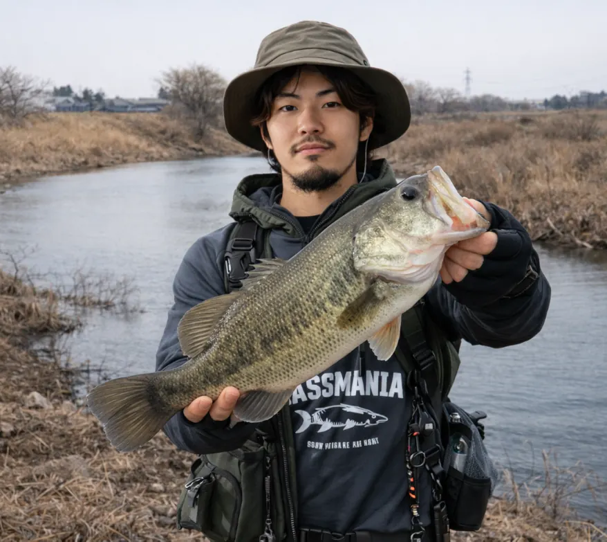 小阿賀野川でブラックバスの釣果を得た澤田.webp