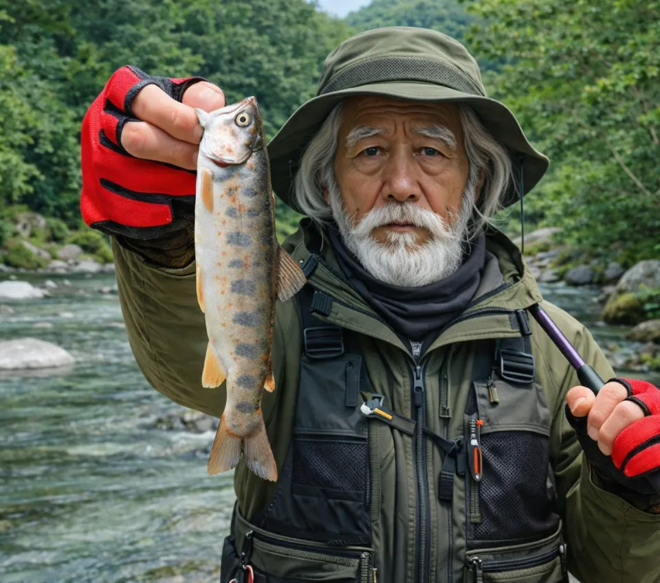 山之口川でアマゴの釣果を得た米田.webp