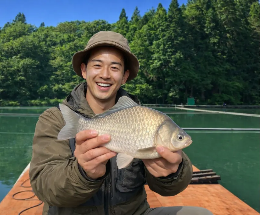 山水の池でヘラブナの釣果を得た勝田.webp