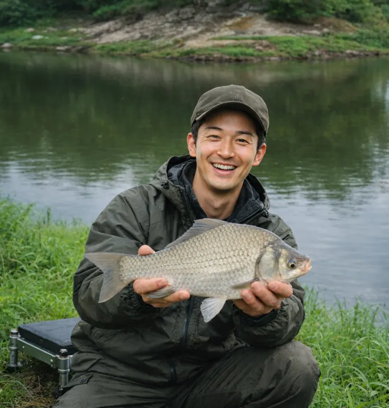 岩部ダムでヘラブナの釣果を得た勝田.webp