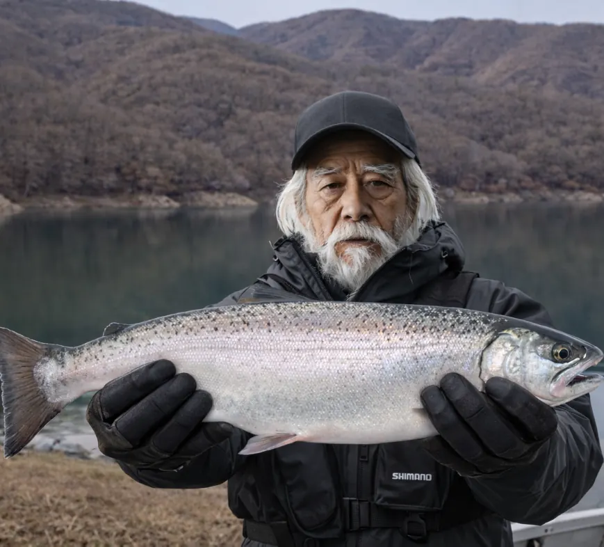 川俣湖でサクラマスの釣果を得た米田.webp