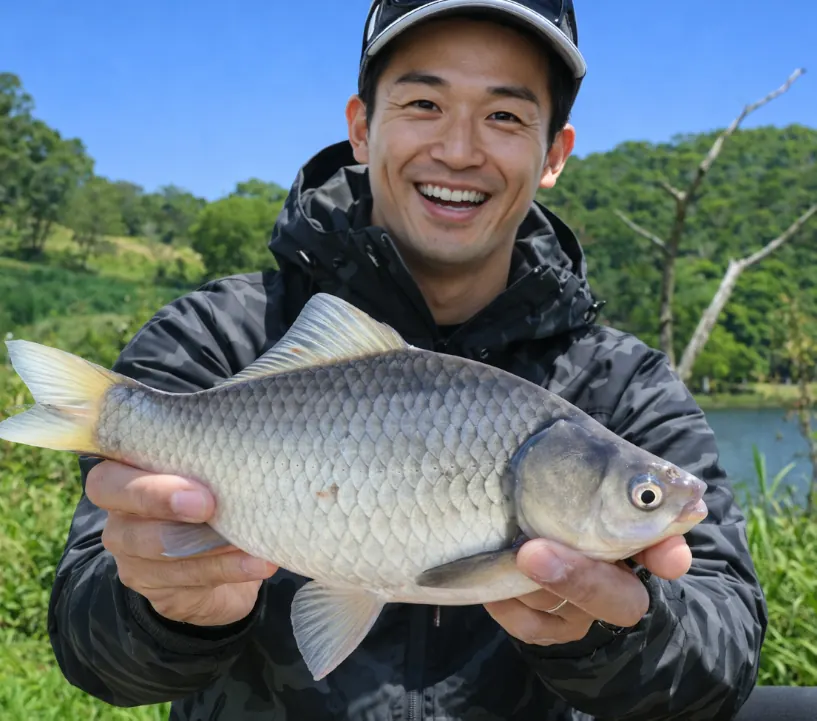 川原大池でヘラブナの釣果を得た勝田.webp