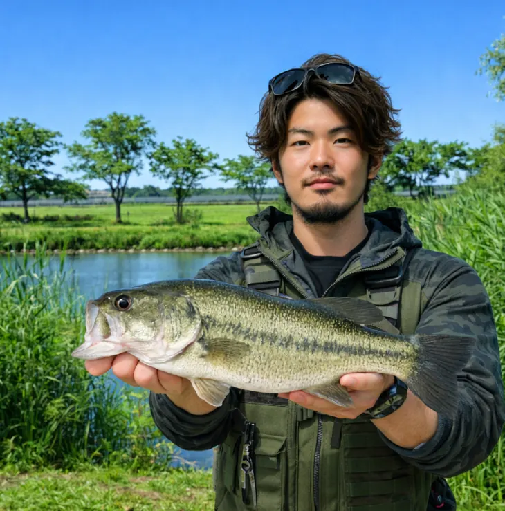 川口沼親水公園でブラックバスの釣果を得た澤田.webp