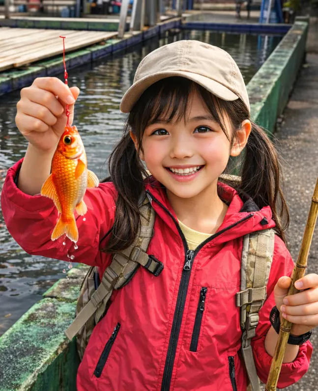 市ヶ谷フィッシュセンターでキンギョの釣果を得た少女.webp