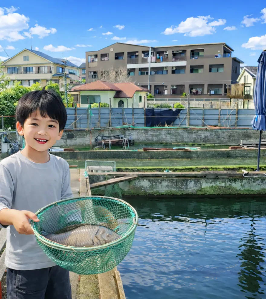 常盤つり堀センターでコイの釣果を得た少年.webp
